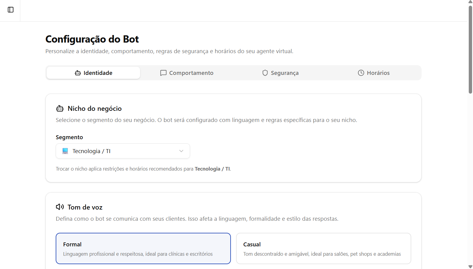 Painel do Kaleixo mostrando configuração simples do bot